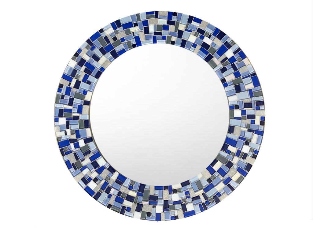 Mosaic Art Mirror, Round Wall Mirror Blue, Gray, White, Decorative