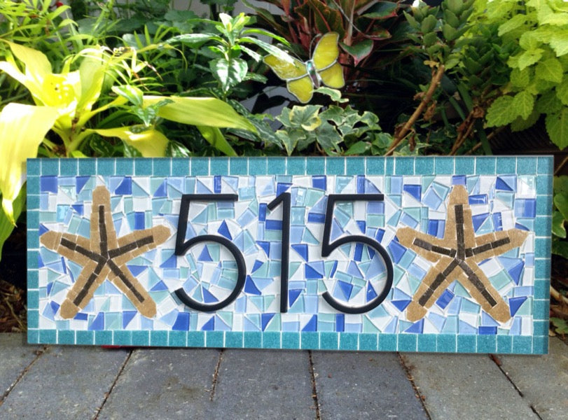 Blue and Aqua Address Sign with Starfish – Green Street Mosaics