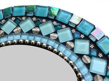 Unique Round Wall Mirror Teal and Silver, Round Mosaic Mirror, Green Street Mosaics