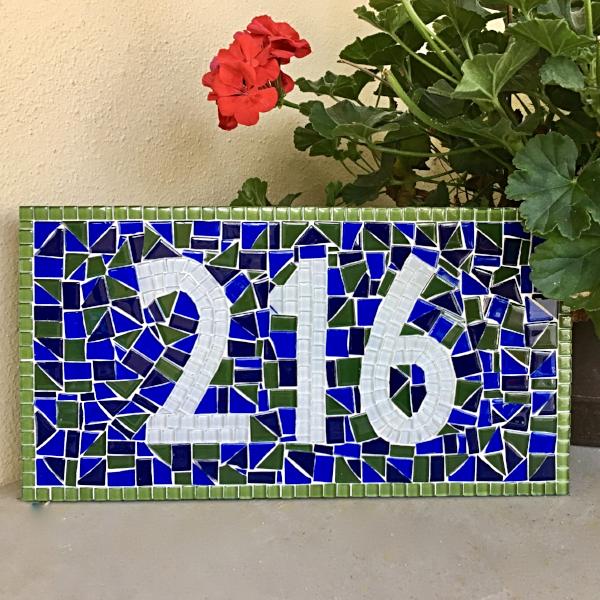 Blue and Green Address Sign, House Number Sign, Green Street Mosaics 