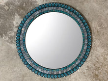 Round Mosaic Wall Mirror in Aqua and Gray - 24" Round