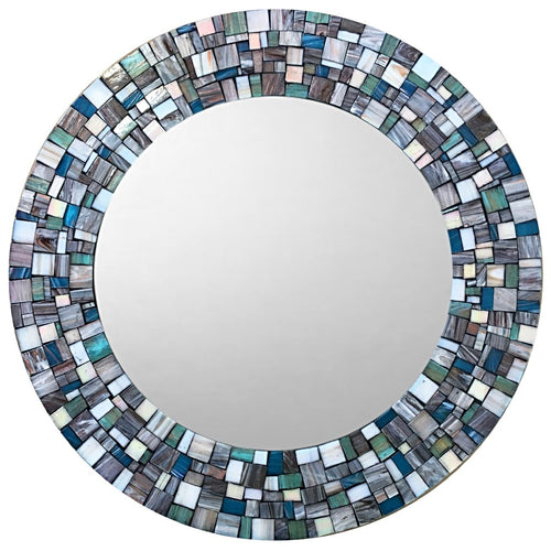 Round Wall Mirror in Gray, White, Aqua, Teal Mosaic, Round Mosaic Mirror, Green Street Mosaics 