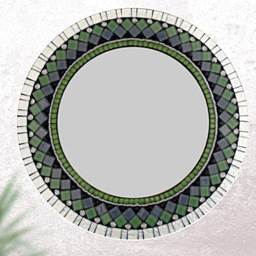 Green and Black Mosaic Mirror, Round Mosaic Mirror, Green Street Mosaics 