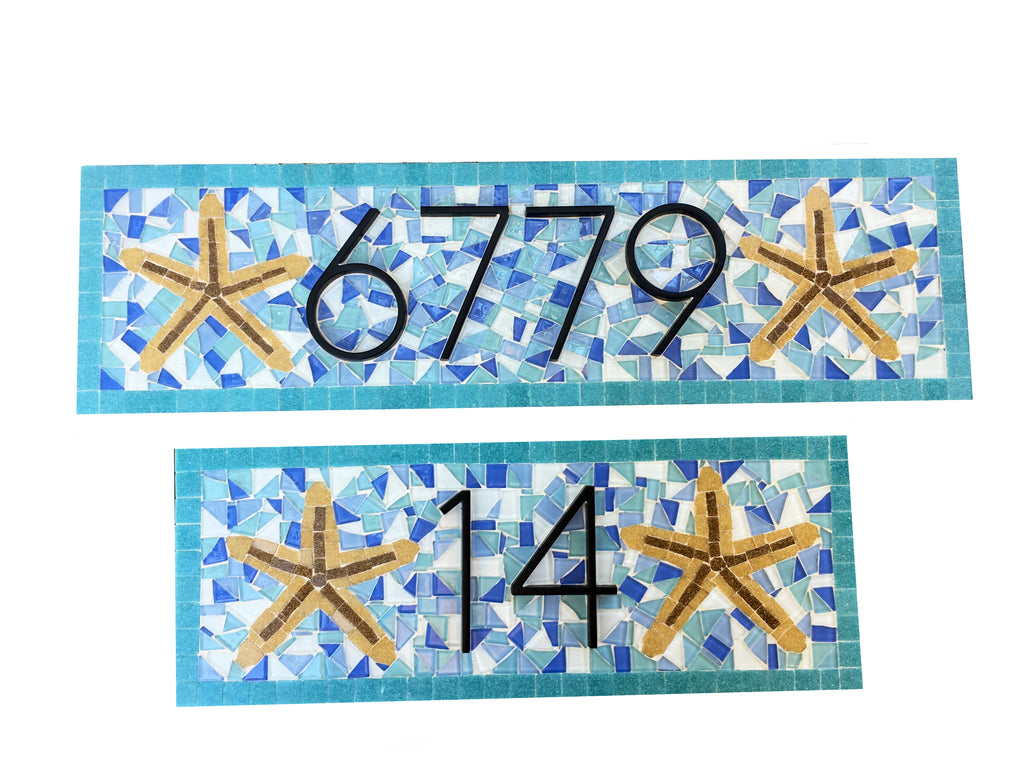 Blue and Aqua Address Sign with Starfish – Green Street Mosaics