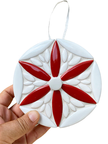 Red and White Mosaic Holiday Ornament