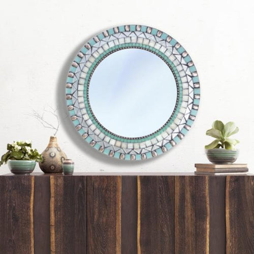 Round Wall Mirror Silver and Aqua, Round Mosaic Mirror, Green Street Mosaics 