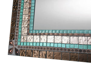 Large Mosaic Mirror Copper Aqua and Brown, Rectangular Mosaic Mirror, Green Street Mosaics 