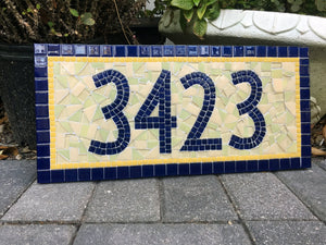 Blue and Yellow Mosaic Address Plaque, House Number Sign, Green Street Mosaics 
