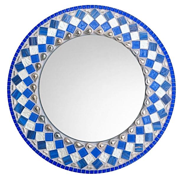 Blue and White Mosaic Wall Mirror, Round Mosaic Mirror, Green Street Mosaics 