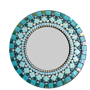 Unique Round Wall Mirror Teal and Silver, Round Mosaic Mirror, Green Street Mosaics 