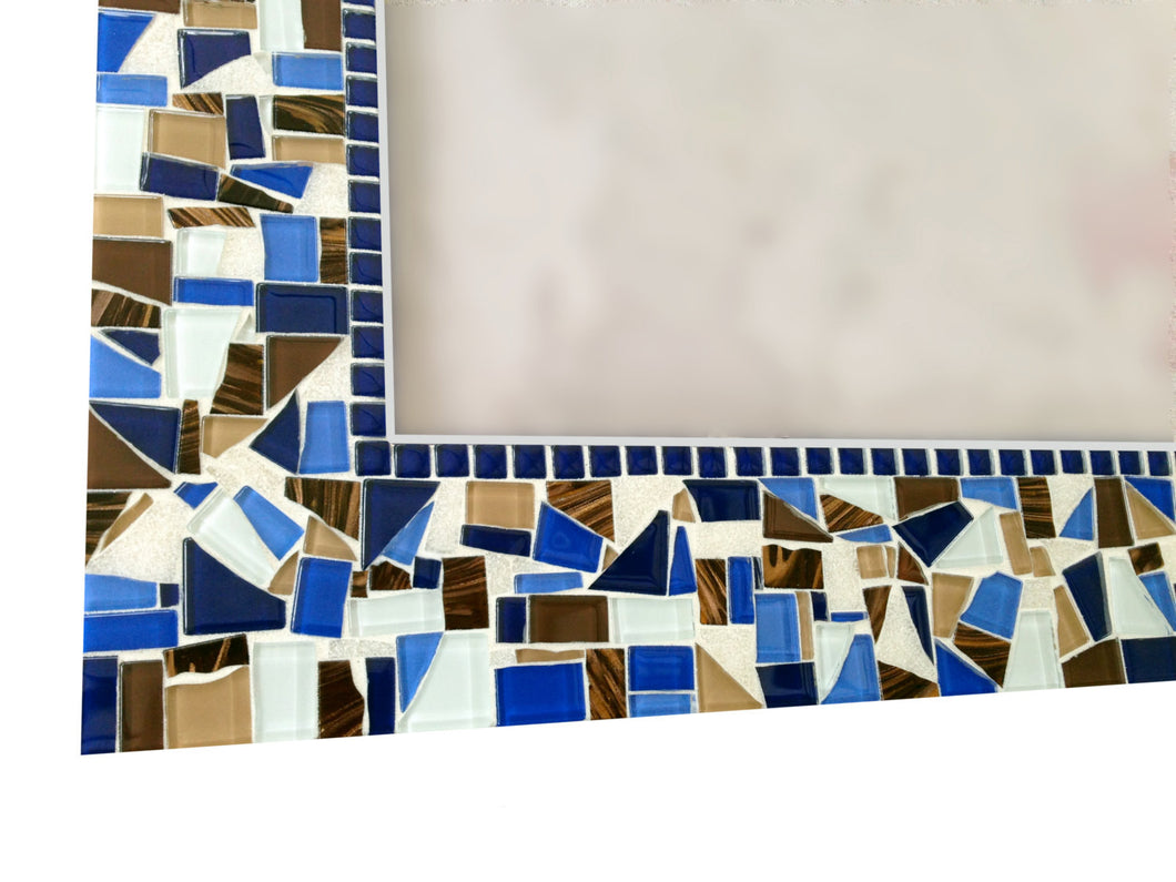 Large Wall Mirror - Brown, Navy Blue, White, Rectangular Mosaic Mirror, Green Street Mosaics 