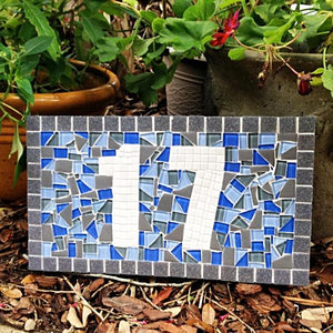 Blue and Gray House Number Plaque, House Number Sign, Green Street Mosaics 