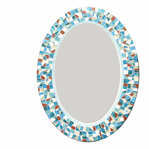 Oval Mosaic Wall Mirror in Teal, Aqua, White, Brown, OVAL Mosaic Mirror, Green Street Mosaics 