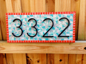 Coral, Aqua, Gray Mosaic Address Plaque, House Number Sign, Green Street Mosaics 