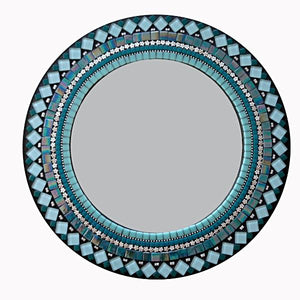 Round Mirror Teal Silver Black, Round Mosaic Mirror, Green Street Mosaics 