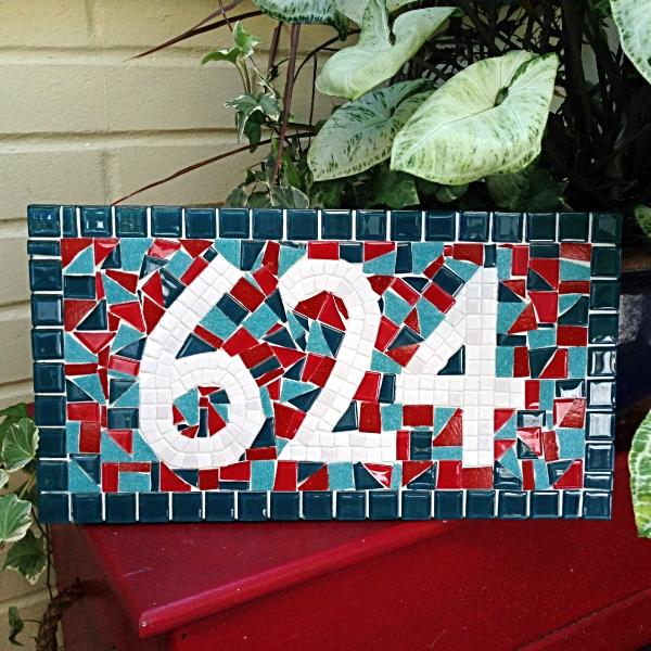 Red and Teal Mosaic Address Sign, House Number Sign, Green Street Mosaics 