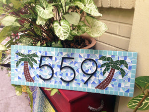 Teal Address Sign with Palm Trees, House Number Sign, Green Street Mosaics 