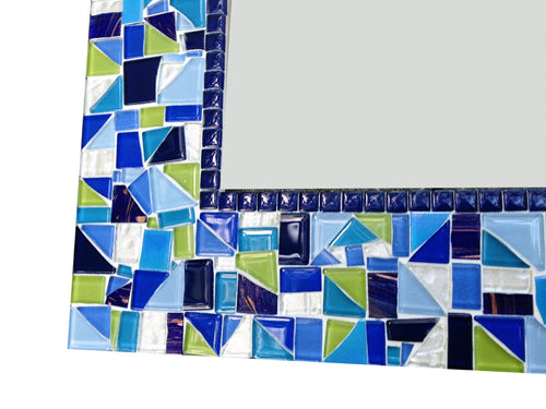 Large Mirror in Navy Blue, White, Lime Green, Rectangular Mosaic Mirror, Green Street Mosaics 