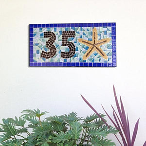 Blue House Number Sign with Starfish, House Number Sign, Green Street Mosaics 