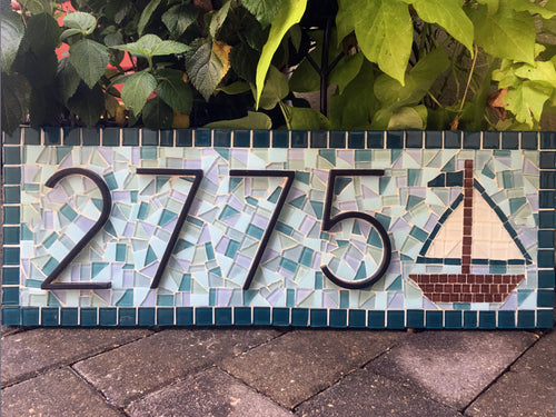 Mosaic Address Sign With Sailboat, House Number Sign, Green Street Mosaics 